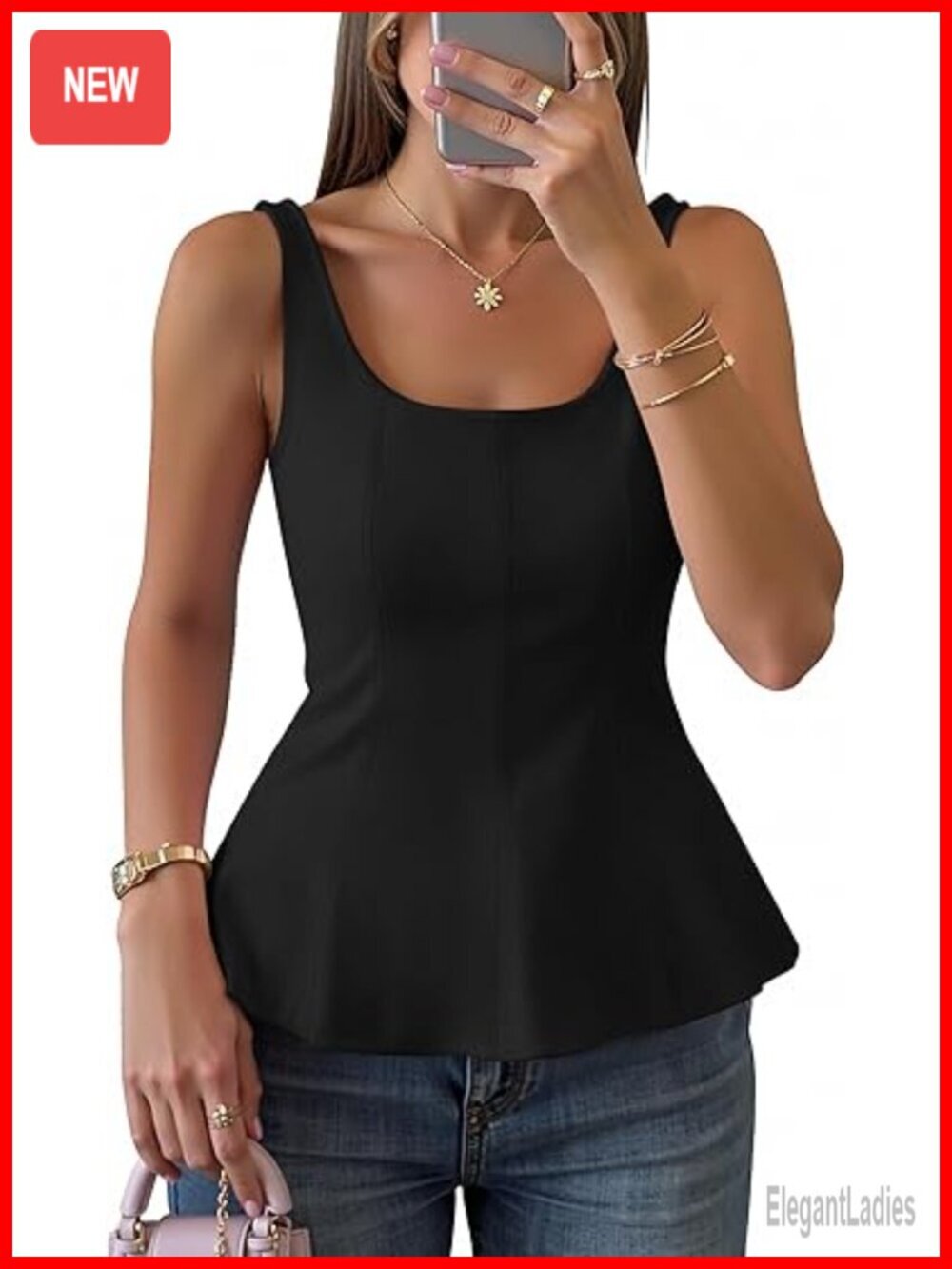 Square Neck Sleeveless Ruffle Hem Tank Top Fitted Casual Summer